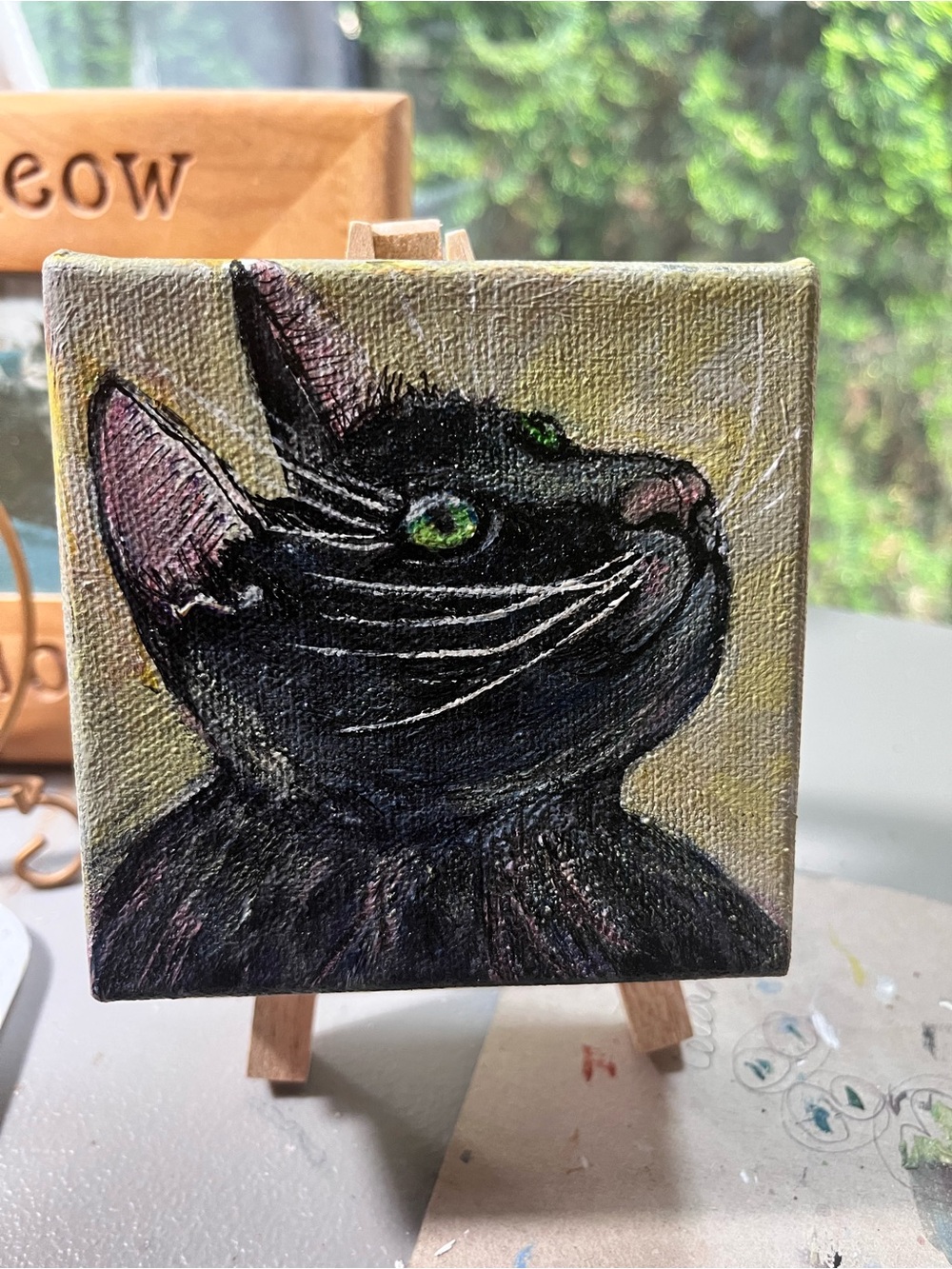 Original acrylic painting of my black cat “Joey”. 4”x4”x1.5”